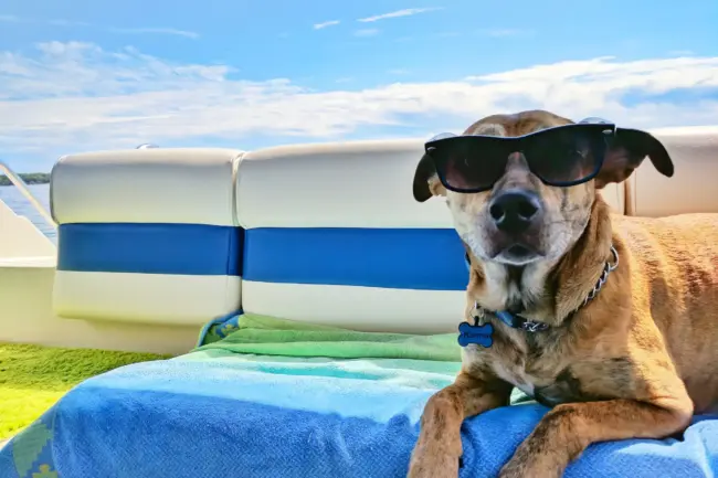 Photo by Josh Rakower brown dog wearing sunglasses on blue textile